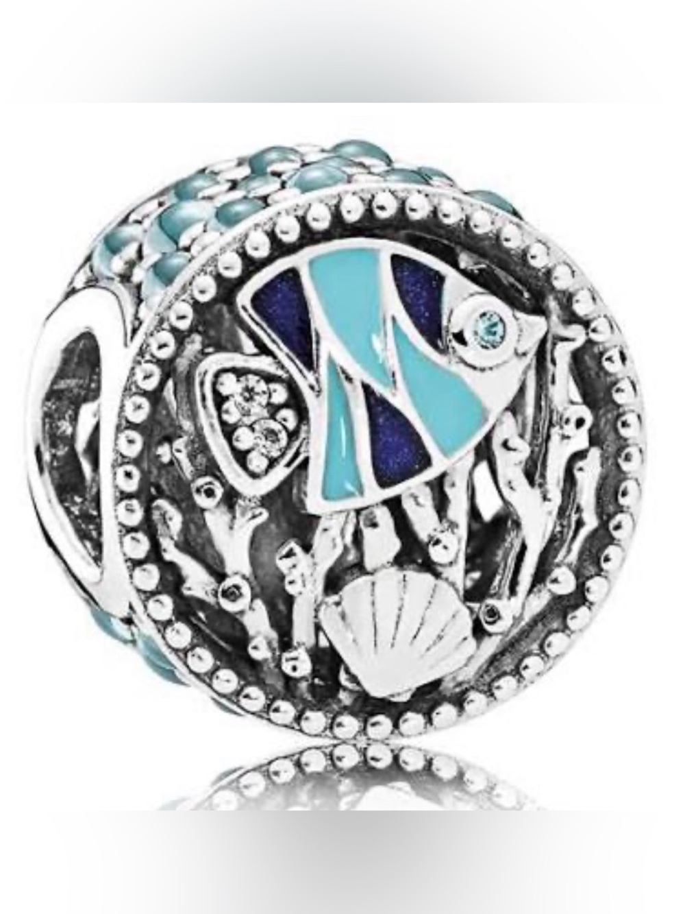 Pandora Silver Fish and Shell Charm with Blue Enamel Accents